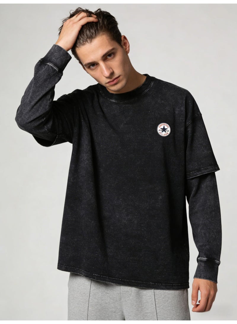 كونفرس Converse Black Acid Wash Double Layer Long Sleeve T-Shirt – Unisex Casual Streetwear - Image 3